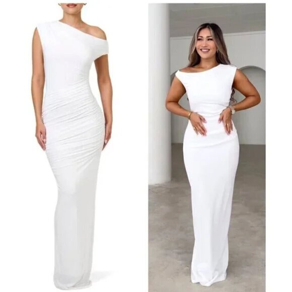 NAKED WARDROBE Ruched One-Shoulder Gown in White Size Medium - Picture 4 of 14